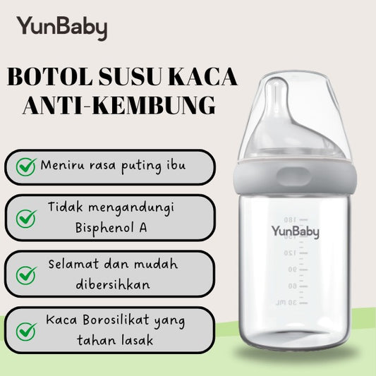 YunBaby Wide Neck Anti-Colic Glass Baby Bottle 180ml